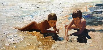 Boys With a Frog 2015 18x36 Original Painting - Vladimir Mukhin