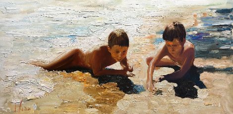 Boys with a Frog 2015 18x36 Original Painting - Vladimir Mukhin