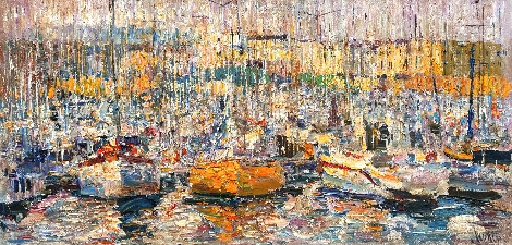 Cannes: Boats 2016 34x70-  Huge Mural Size Painting - France Original Painting - Vladimir Mukhin