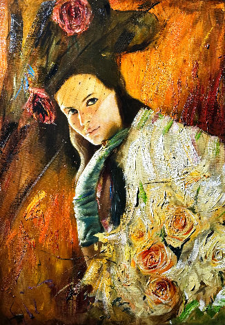 Girl and Roses 2009 31x22 Original Painting - Vladimir Mukhin