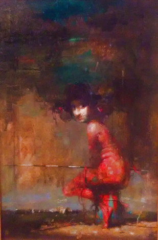 Sad Clown Sitting on the Drum 1997 18x13 Original Painting - Vachagan Narazyan