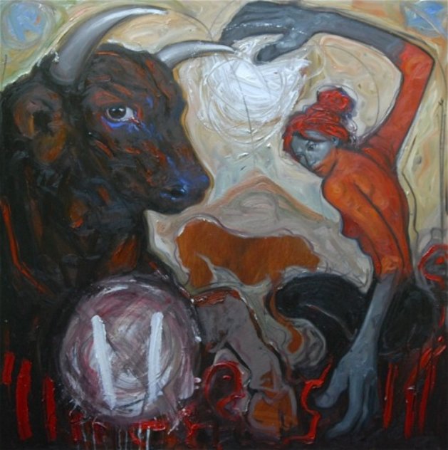 Heart of the Bull was Touched and the Empty Dog Continued his Way 47x47 Huge Original Painting by Nico Vrielink