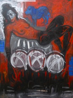 Woman Floating Over the Deepest Part of the Red Sea , With the Blue Dog 2014 78x59 Huge Original Painting - Nico Vrielink Woman Floating Over the Deepest Part of the Red Sea , With the Blue Dog 2014 78x59 Huge Original Painting - Nico Vrielink