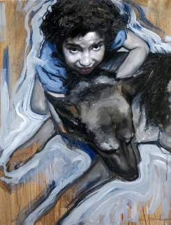 Girl And Her Dog 2015 35x27 Original Painting - Nico Vrielink Girl And Her Dog 2015 35x27 Original Painting - Nico Vrielink