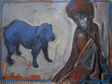 Portrait of a Woman With Blue Dog 2015 23x31 Original Painting - Nico Vrielink Portrait of a Woman With Blue Dog 2015 23x31 Original Painting - Nico Vrielink