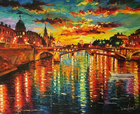 Sunset Over Seine 2014 Embellished Giclee on Canvas  - Paris, France Limited Edition Print - Daniel Wall
