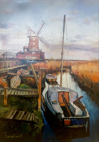 Windmill by the Canal 34x26 - Signed Twice - Holland Original Painting - Daniel Wall