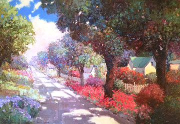 Down a Flowered Street 1991 46x67  Huge Original Painting - Kent Wallis