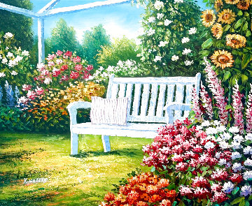 Bench in a Garden 25x29 Original Painting - Kent Wallis