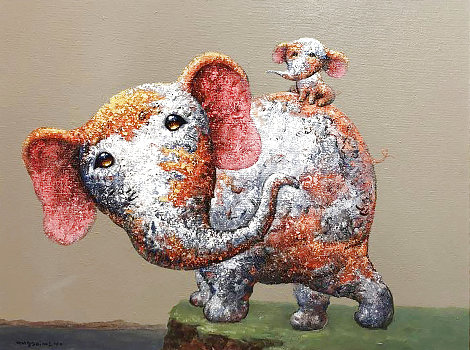Elephant  27x34 Original Painting - Wang ZhiWu