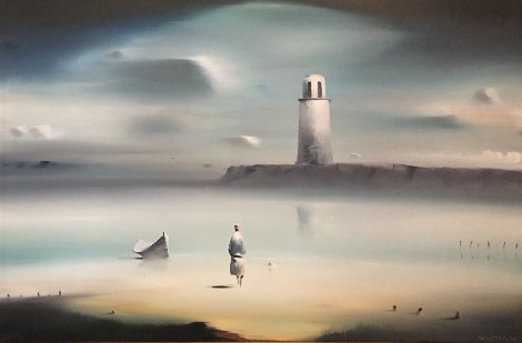 Lighthouse 1974 33x43 (Early) Huge Original Painting - Robert Watson