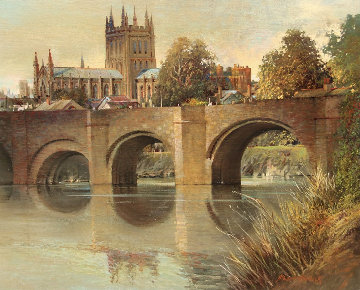 Hereford Cathedral Old Bridge England 1977 32x28 Original Painting - Albert Whitlock Hereford Cathedral Old Bridge England 1977 32x28 Original Painting - Albert Whitlock