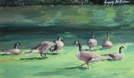 Geese in City Park 7x13 Original Painting - Gregory Wilhelmi