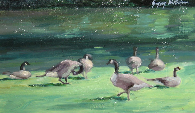 Geese in City Park 7x13 Original Painting by Gregory Wilhelmi