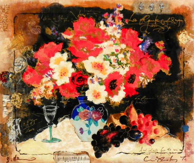 Flowers With a Glass of Wine Embellished Limited Edition Print by Tanya Wissotzky