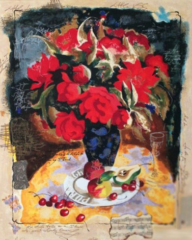 Red Bouquet Embellished with fabric and lace Limited Edition Print - Tanya Wissotzky