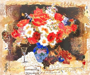 Red Flowers With Glass of Wine 2001 Limited Edition Print - Tanya Wissotzky Red Flowers With Glass of Wine 2001 Limited Edition Print - Tanya Wissotzky