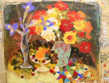 Red Flowers with Glass of Wine 2001 Limited Edition Print - Tanya Wissotzky