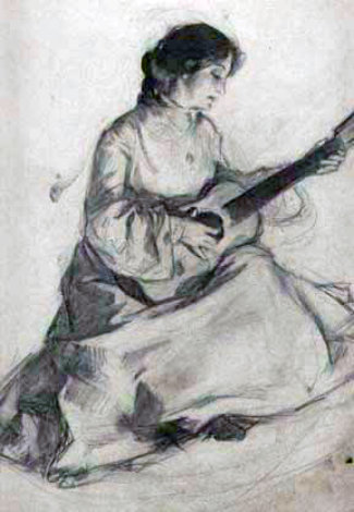 Woman with Guitar 1902 11x14 Drawing - William Balfour Ker