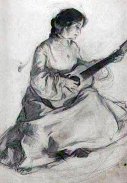 Woman with Guitar 1902 11x14 Drawing by William Balfour Ker