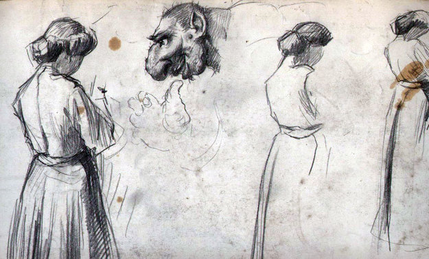 Woman with Ogre Drawing 1904 14x20 Drawing by William Balfour Ker Woman with Ogre Drawing 1904 14x20 Drawing by William Balfour Ker