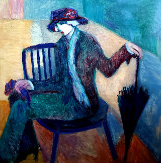 Woman With Umbrella 1985 58x58 Super Huge Original Painting - Barbara Wood Woman With Umbrella 1985 58x58 Super Huge Original Painting - Barbara Wood