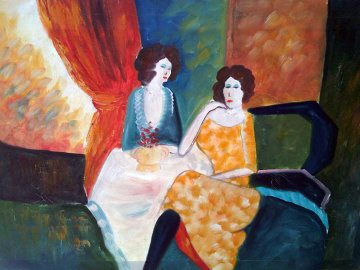 Untitled Two Seated Women 24x36 Original Painting - Barbara Wood