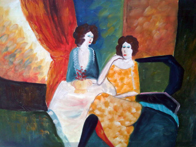Untitled Two Seated Women 24x36 Original Painting by Barbara Wood