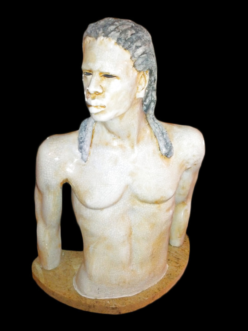 Untitled (African Nouveau Male Torso) Unique Stoneware Sculpture 2004 31 in by Woodrow Nash