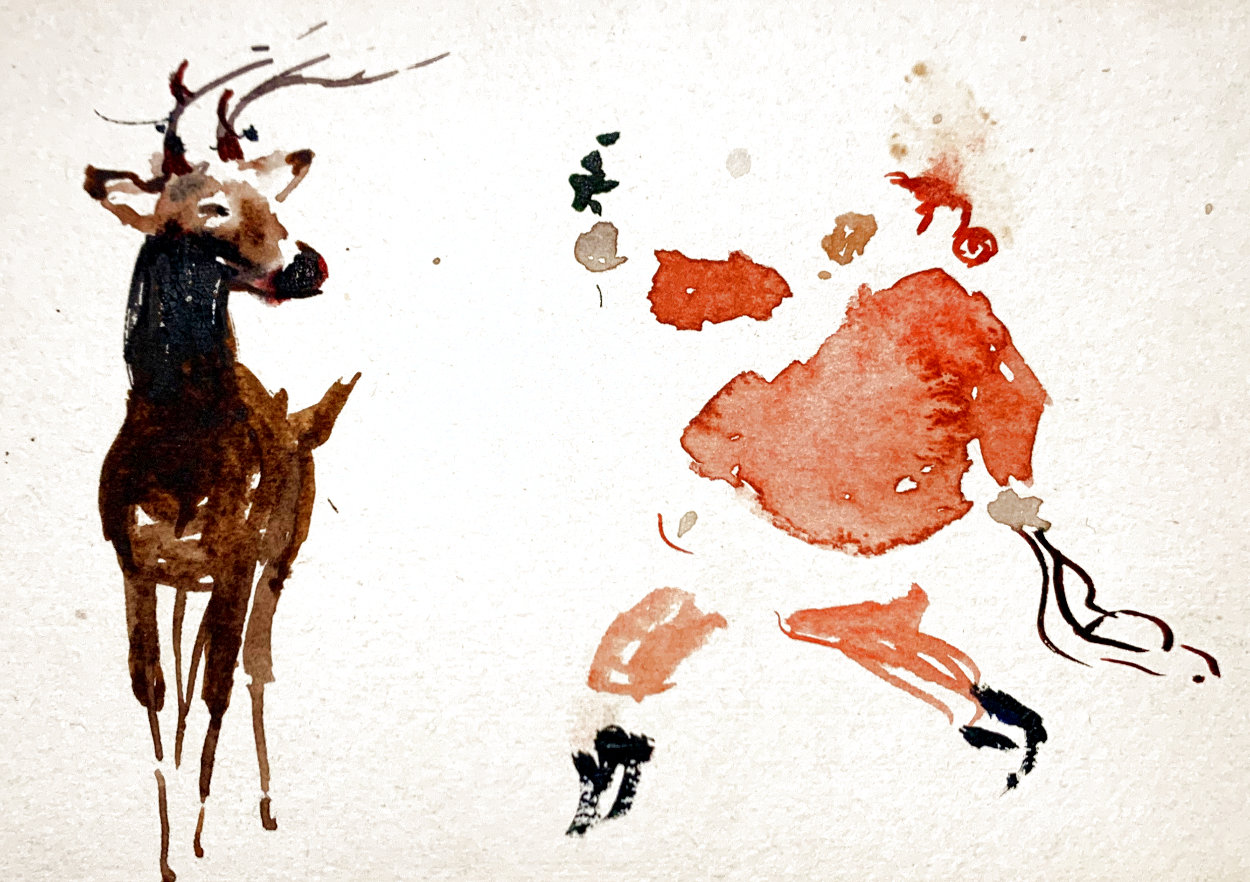 Santa and Blitzen Watercolor 1950 4x7 Hand Signed  Watercolor by Andrew Wyeth