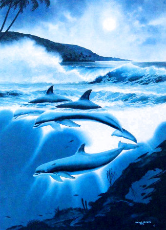 Above and Below: Moonlit Dolphins AP 1992 w/ Remarque - Koa Frame Limited Edition Print - Robert Wyland