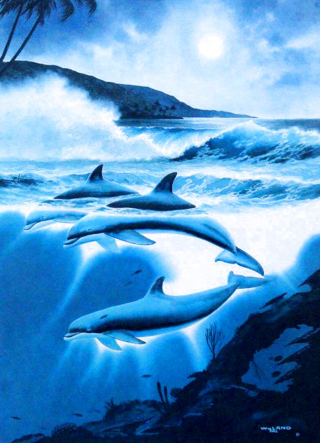 Above and Below: Moonlit Dolphins AP 1992 w/ Remarque - Koa Frame Limited Edition Print by Robert Wyland