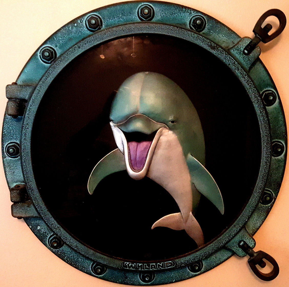 Dolphin Smile Porthole Wall Sculpture 1999 24 in Sculpture by Robert Wyland