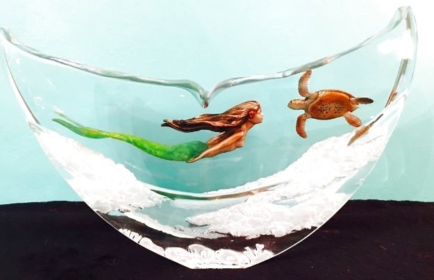 Mermaid and the Turtle Lucite Sculpture 15 in by Robert Wyland