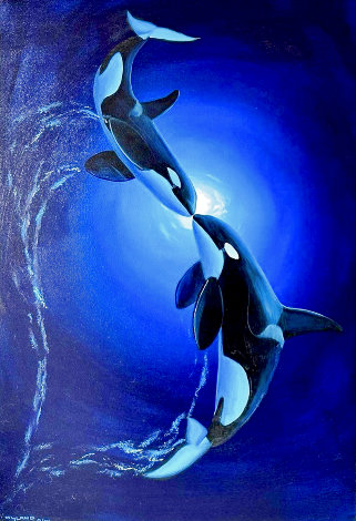 Twin Orcas 2006 44x32 - Huge - Koa Wood Frame Original Painting - Robert Wyland