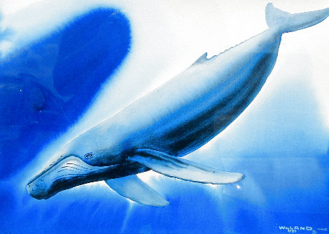 Untitled Whale Watercolor 1989 26x32 - Koa Wood Frame Watercolor - Robert Wyland