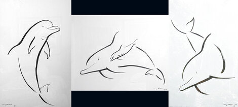 Dolphin Sumi-e Tryptich 2000 - Set of 3 -  36x44 - Huge - Framed Works on Paper (not prints) - Robert Wyland