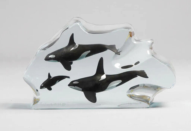 Orca Trio Acrylic Sculpture 1998 20 in by Robert Wyland
