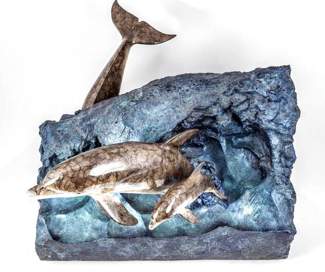 Dolphin Experience End Table Bronze Sculpture 1992 31x27 by Robert Wyland