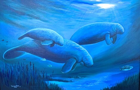 Manatees Framed Oil on Canvas 27x39 Original Painting - Robert Wyland