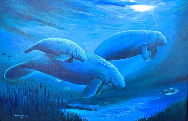 Manatees Framed Oil on Canvas 27x39 Original Painting by Robert Wyland