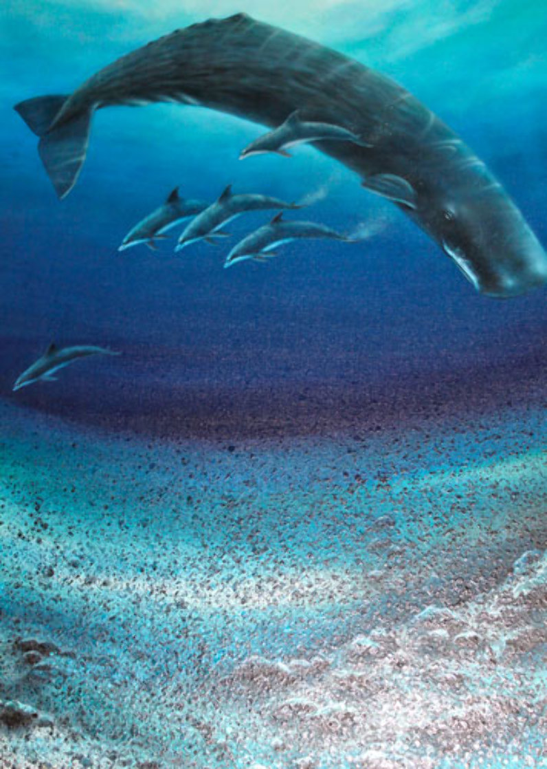 Sperm Whale With Dolphins 1982 48x36 Huge Original Painting by Robert Wyland Sperm Whale With Dolphins 1982 48x36 Huge Original Painting by Robert Wyland