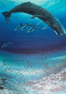 Sperm Whale With Dolphins 1982 48x36 Super Huge Original Painting - Robert Wyland Sperm Whale With Dolphins 1982 48x36 Super Huge Original Painting - Robert Wyland