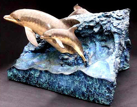 Dolphin Experience End Table Bronze Sculpture 1992 27x30 Sculpture - Robert Wyland