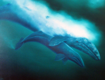 California Grey Whale With Calf 1982 36x46 Original Painting - Robert Wyland California Grey Whale With Calf 1982 36x46 Original Painting - Robert Wyland