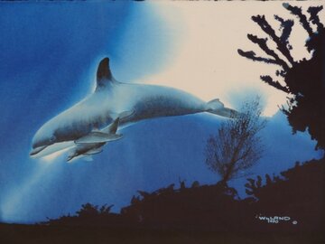 Dolphin Protection Watercolor 1990 26x32 Watercolor - Robert Wyland Dolphin Protection Watercolor 1990 26x32 Watercolor - Robert Wyland