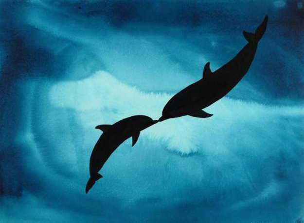 Kissing Dolphins Watercolor 2008 35x43 Watercolor by Robert Wyland Kissing Dolphins Watercolor 2008 35x43 Watercolor by Robert Wyland