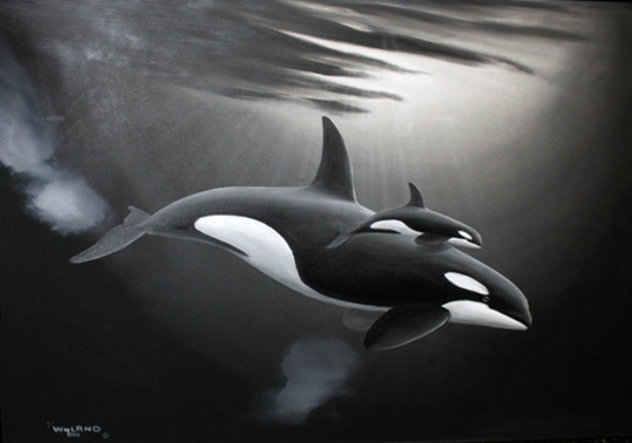 Orca and Calf 1990 27x37 Original Painting by Robert Wyland
