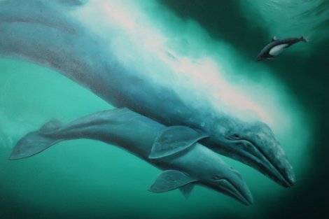 California Grey Whale and Calf 1983 31x41 Huge Original Painting - Robert Wyland