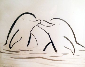 Kissing Dolphins Watercolor 2001 42x36 Huge  Watercolor - Robert Wyland